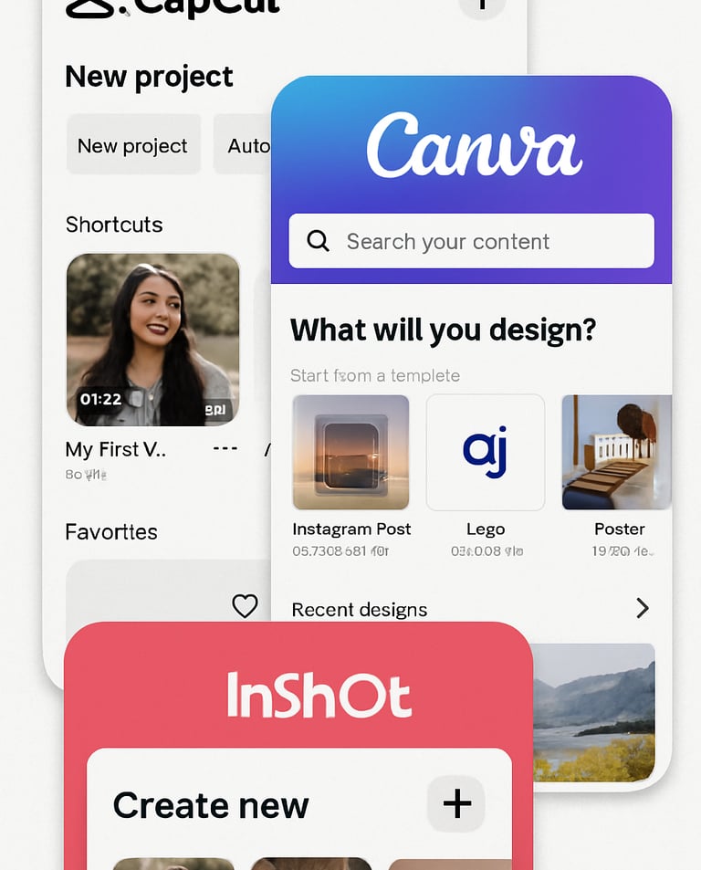 Screenshot-organizado-várias-interfaces-aplicativos-mencionados-CapCut-Canva-InShot