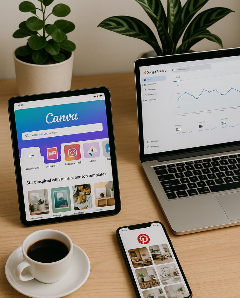 Workspace-organizada-tablet-mostrando-Canva-laptop-Google-Analytics-smartphone-Pinterest-plantas-caf