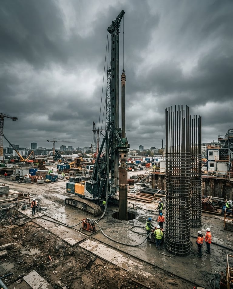 Dramatic industrial photography, high-contrast overcast daylight. A massive crawler drilling rig operating on a construction site, steel reinforcement cages waiting to be lowered into a deep shaft, raw concrete textures, wide-angle lens.