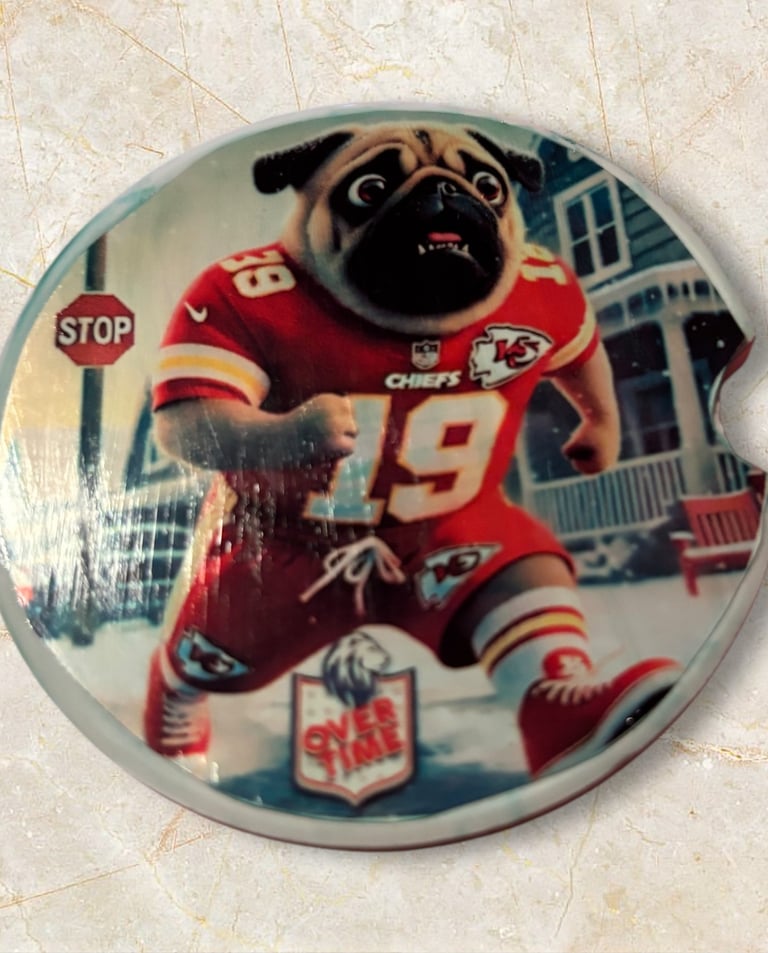 a pug dog in a football uniform on a plate