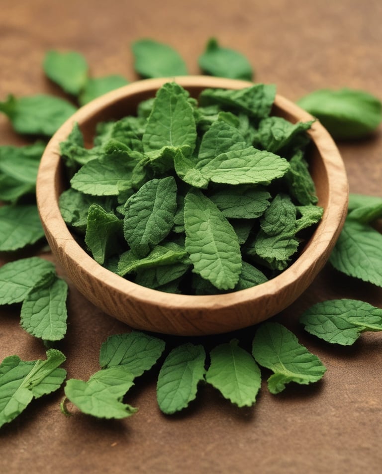 Freshly dehydrated mint leaves scattered on a beige cloth, showcasing their vibrant green color.