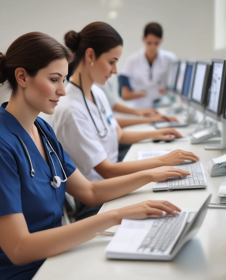 A nurse practicing clinical skills in a simulation room for OSCE and NCLEX preparation.