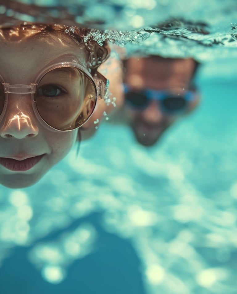 Niño y su padre nadando en la piscina
