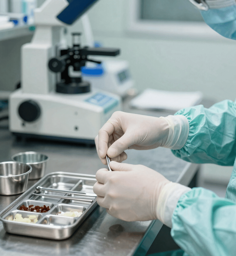 A professional photographer's shot of a medical technician's hands in a sterile North American / US laboratory environment, carefully assembling a surgical kit on a stainless steel counter. Mint green and soft light blue color accents in the equipment.