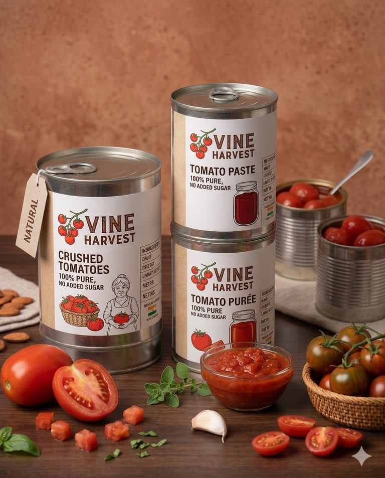 Canned tomato paste, puree, and crushed tomatoes FOR EXPORTS FROM INDIA
