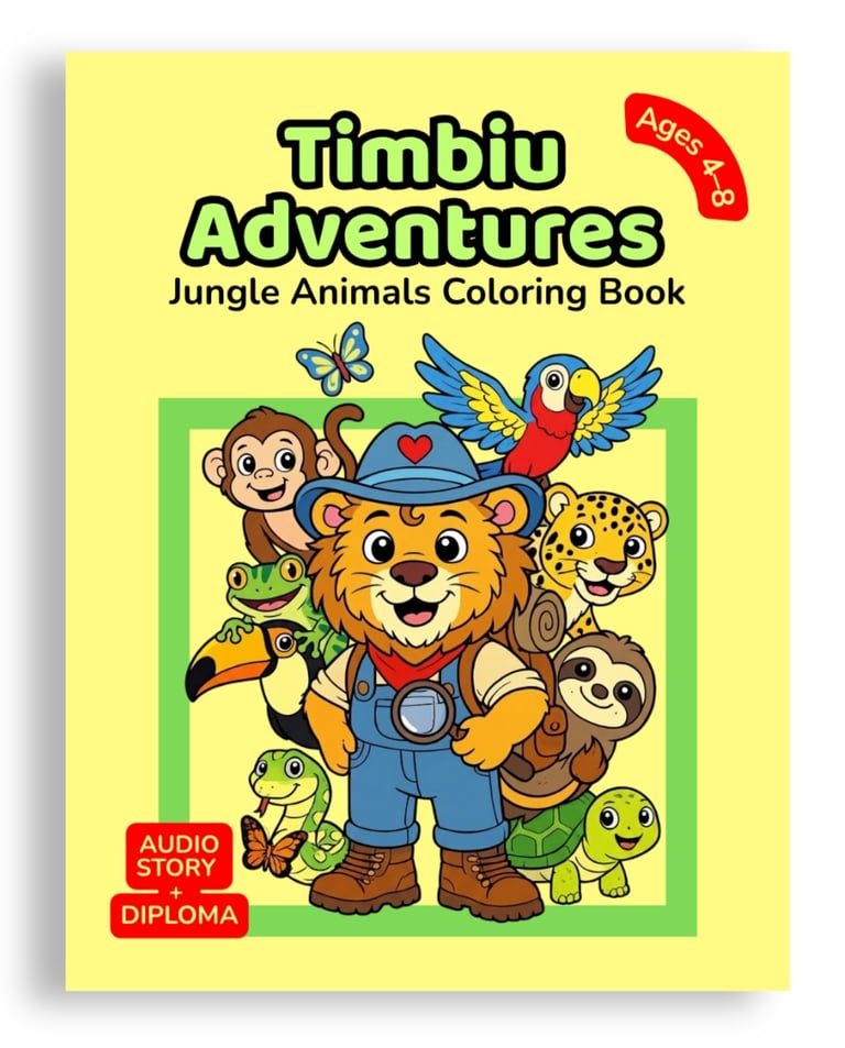 Bright yellow children’s coloring book Timbiu Adventures: Jungle Animals with cartoon lion Timbiu.