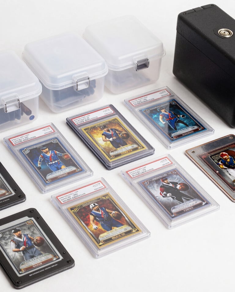 A collection of graded football cards neatly arranged in protective cases.