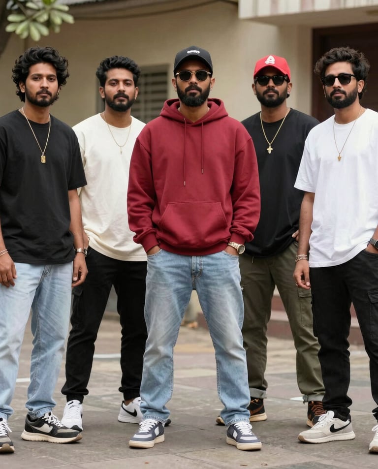 A group of friends wearing OG Drip hoodies and caps, hanging out in an urban graffiti-filled alley.