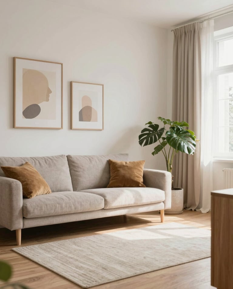 Modern eingerichtetes Wohnzimmer einer hochwertigen Wohnung für Kurzzeitvermietung