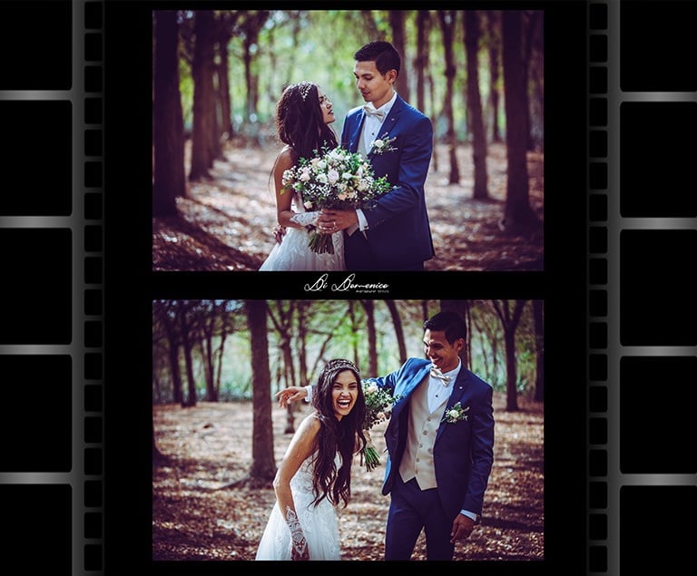 Diptyque mariage en forêt : regards tendres et fous rires complices, robe dentelle et costume bleu.