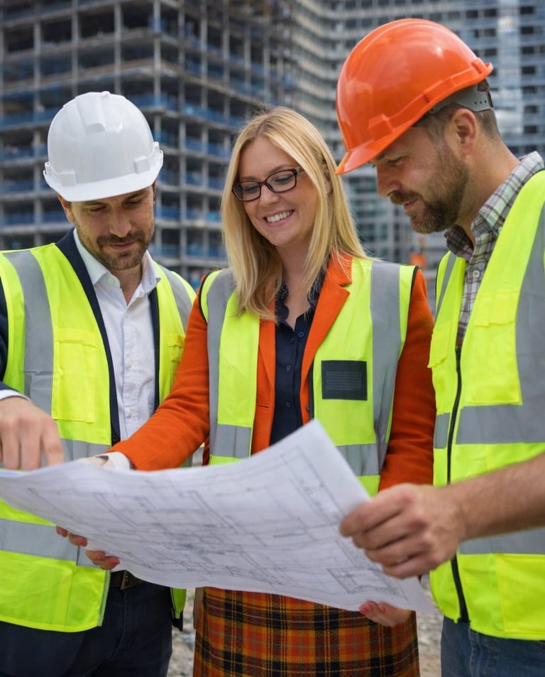 Civil engineers and architects wearing hard hats and safety vests review blueprints at a construction site.