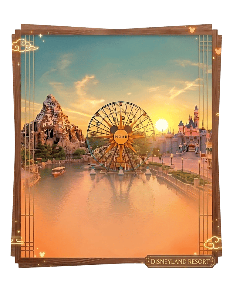 Disneyland Resort landscape featuring the Pixar Pal-A-Round ferris wheel and Matterhorn Bobsleds at sunset.