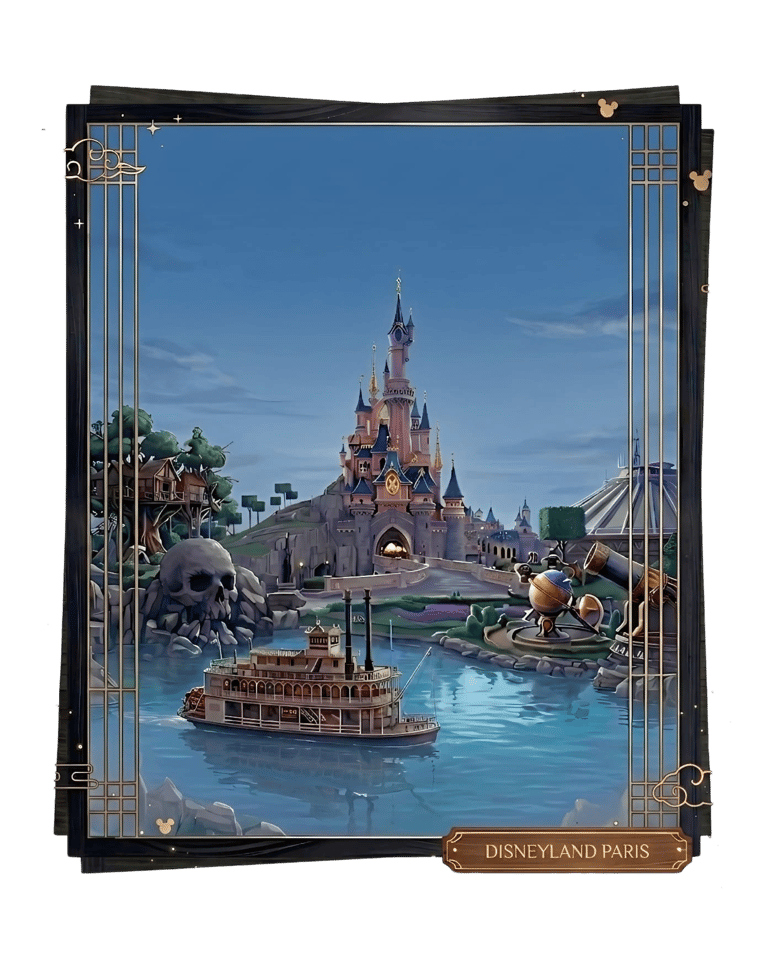 Illustration of Disneyland Paris Sleeping Beauty Castle with a riverboat and Skull Rock.