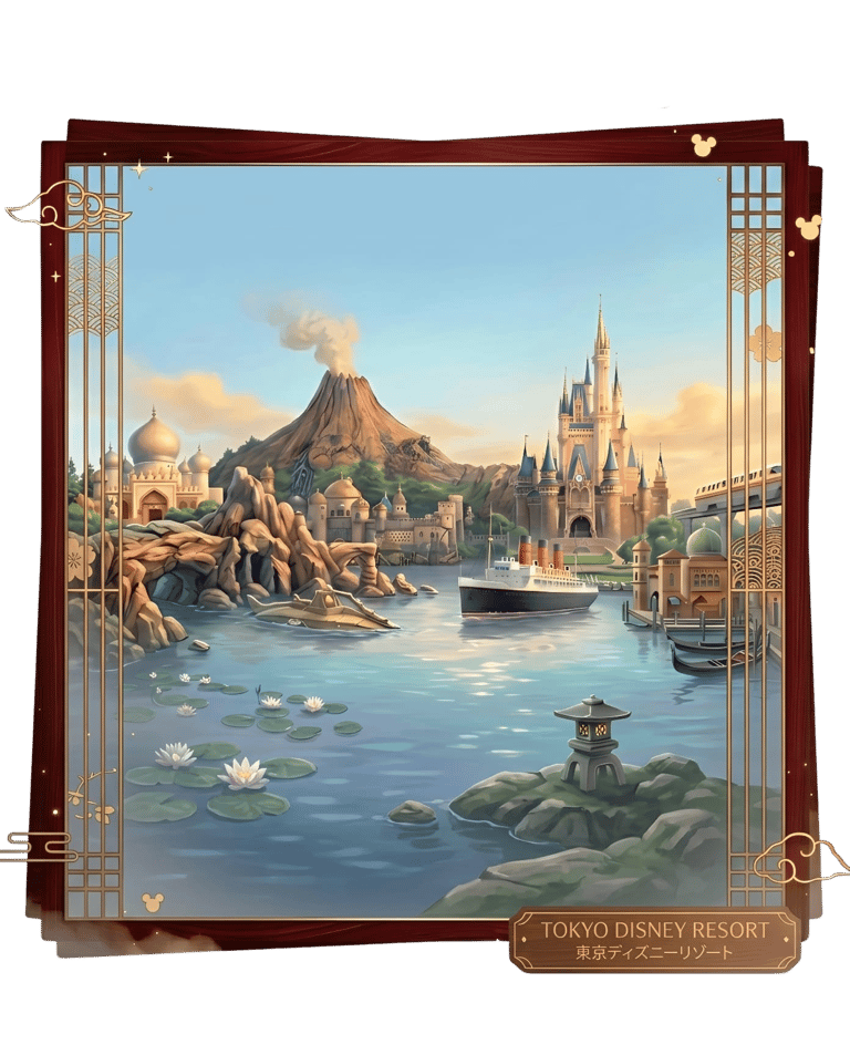 Illustration of Tokyo Disney Resort landmarks featuring Cinderella Castle, Mount Prometheus, and an ocean liner.