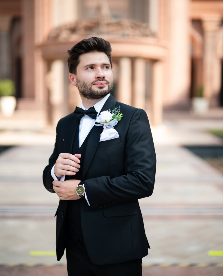 Maxens Brun-Picard founder of Milestone Creator luxury experience concierge Dubai in black bow tie