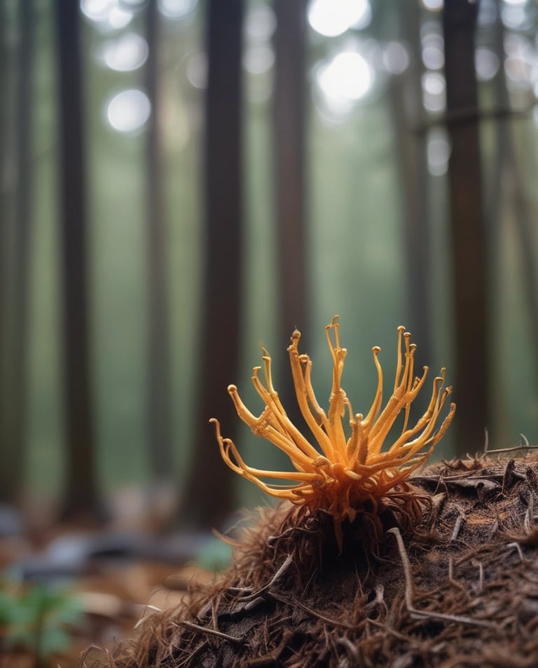 A vibrant red mushroom with white spots is growing in a natural forest setting. The cap is covered in distinct, raised white patches, and it stands out against a blurred background of green foliage and earthy tones. The stem is white and firm, emerging from the soil with some small twigs and leaves around.