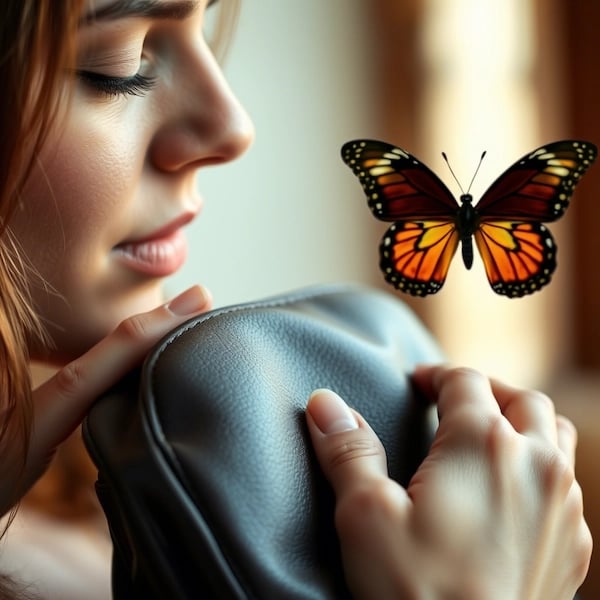 a woman holding a purse and a butterfly