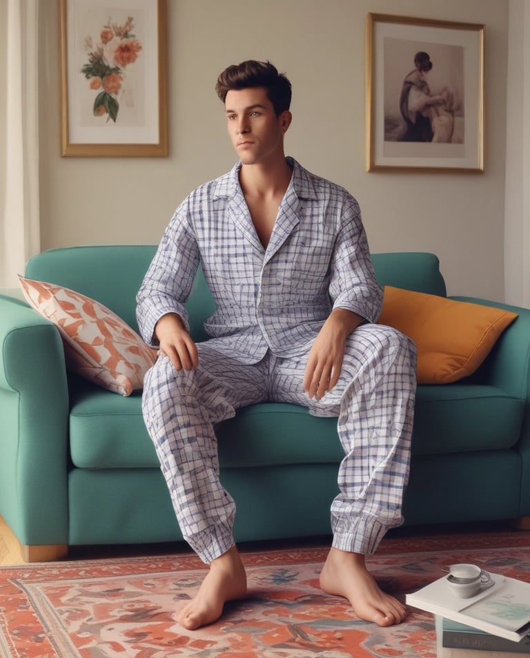 A person wearing dark blue pajamas with white star patterns is sitting on a comfortable sofa, holding a tablet. The room is softly lit by a nearby floor lamp, with framed artwork adorning the wall behind them. A green cushion adds a touch of color to the sofa.