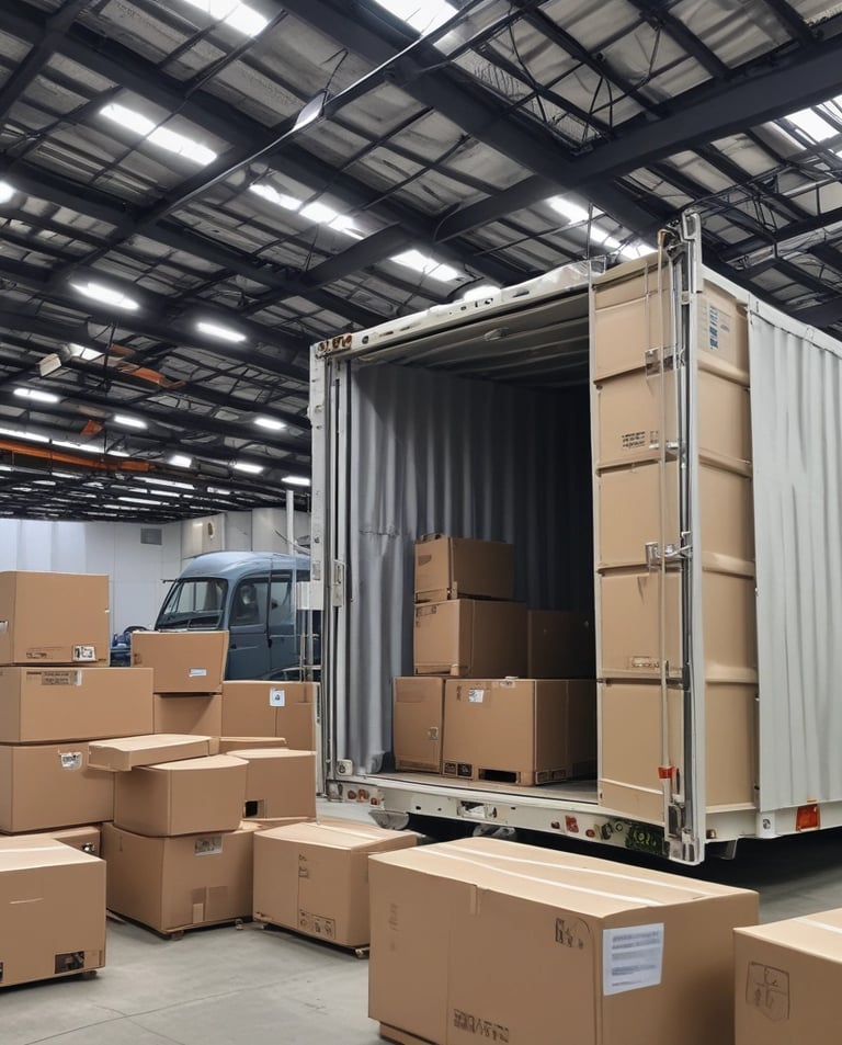A table is cluttered with various medical supplies and equipment, including a red biohazard container, a spray bottle, packaged materials, and a tray with upright test tubes. The background features cabinets and chairs.