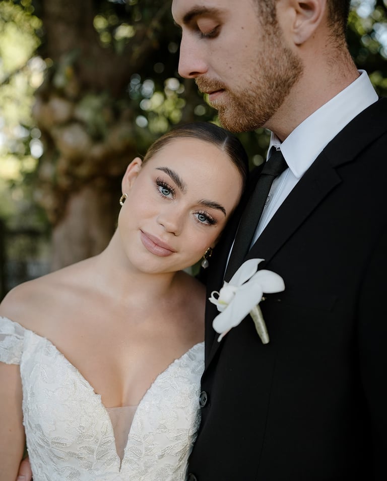 a bride and groom standing next to each other
