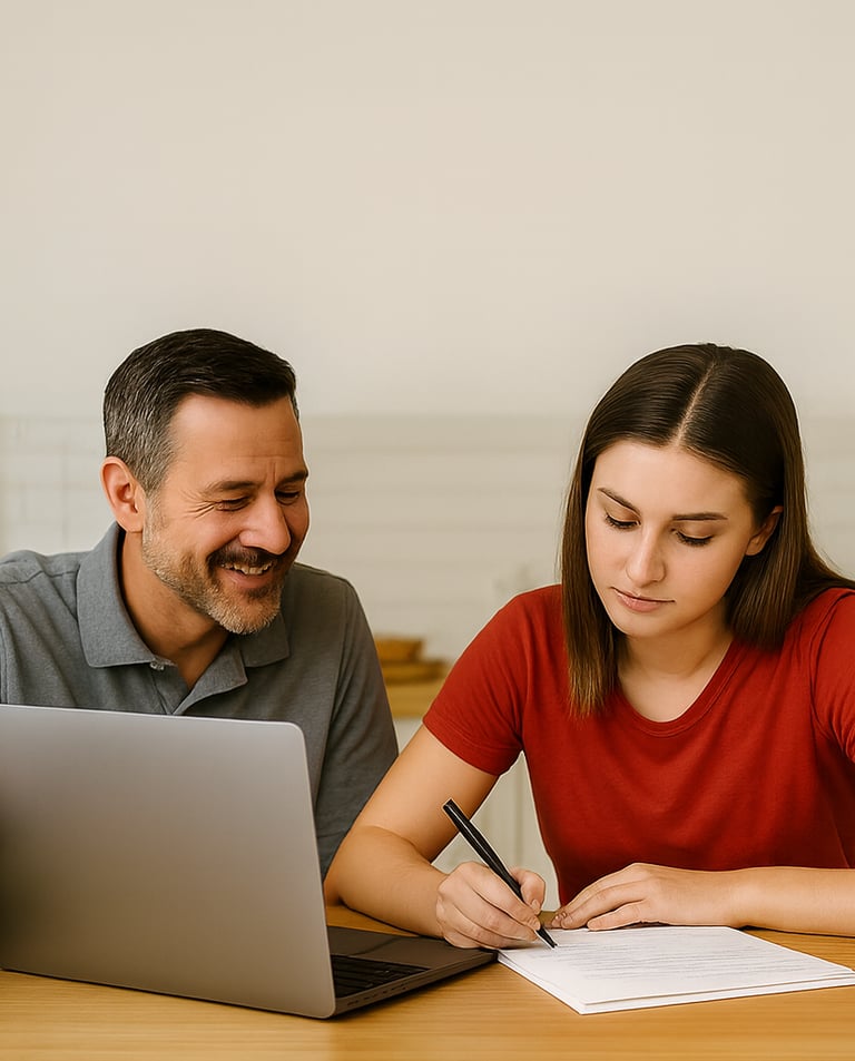 Dad sitting with his daughter as she writes a letter to college coache!