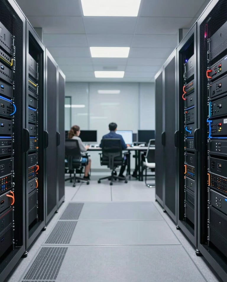 A presentation takes place in a modern conference room with a group of professionals seated, and two presenters standing near a projected screen. The screen displays a web page with the McAfee Security Scan Plus showing. The atmosphere is formal and focused, as attendees appear to be discussing or reviewing the content.