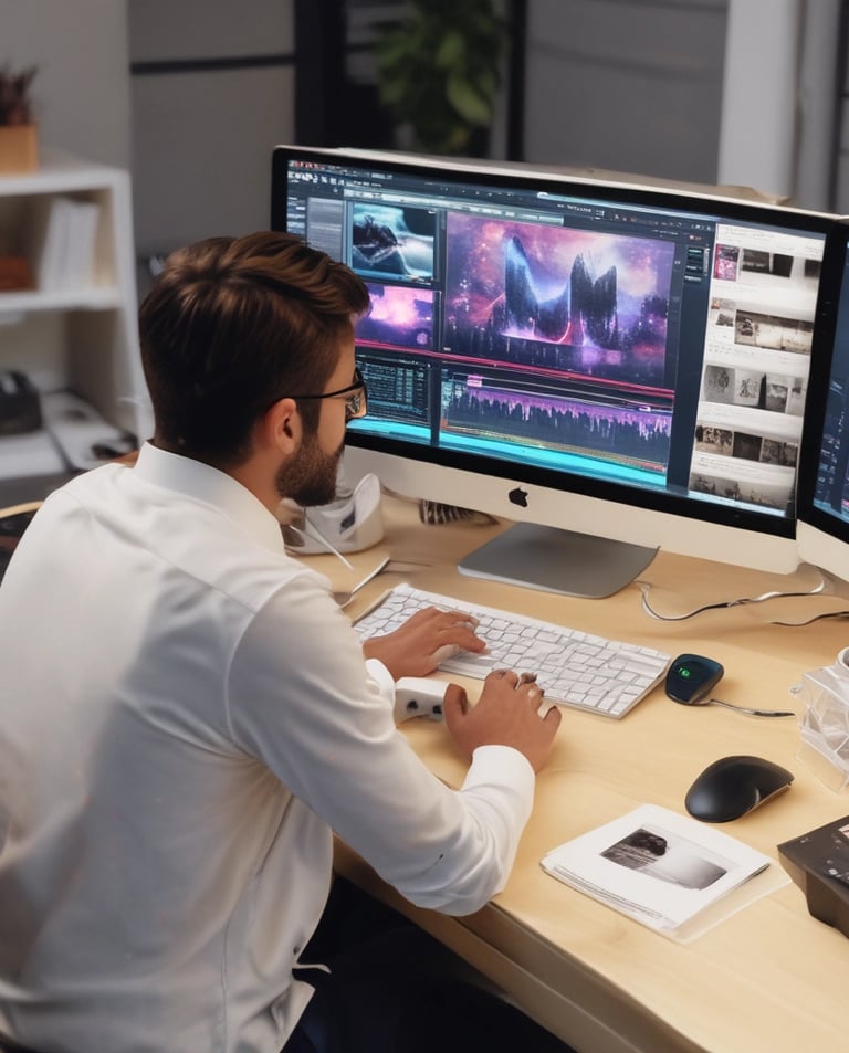 A bright, creative studio space featuring a table covered with various art supplies, including paints, glue, and paper cutouts. On the floor, a white sheet displays an array of colorful handmade cards and artwork. An easel holds a canvas with an abstract painting, and the walls are lined with large paintings, some leaning on the floor. The room is well-lit by three large windows in the background, allowing natural light to fill the space.
