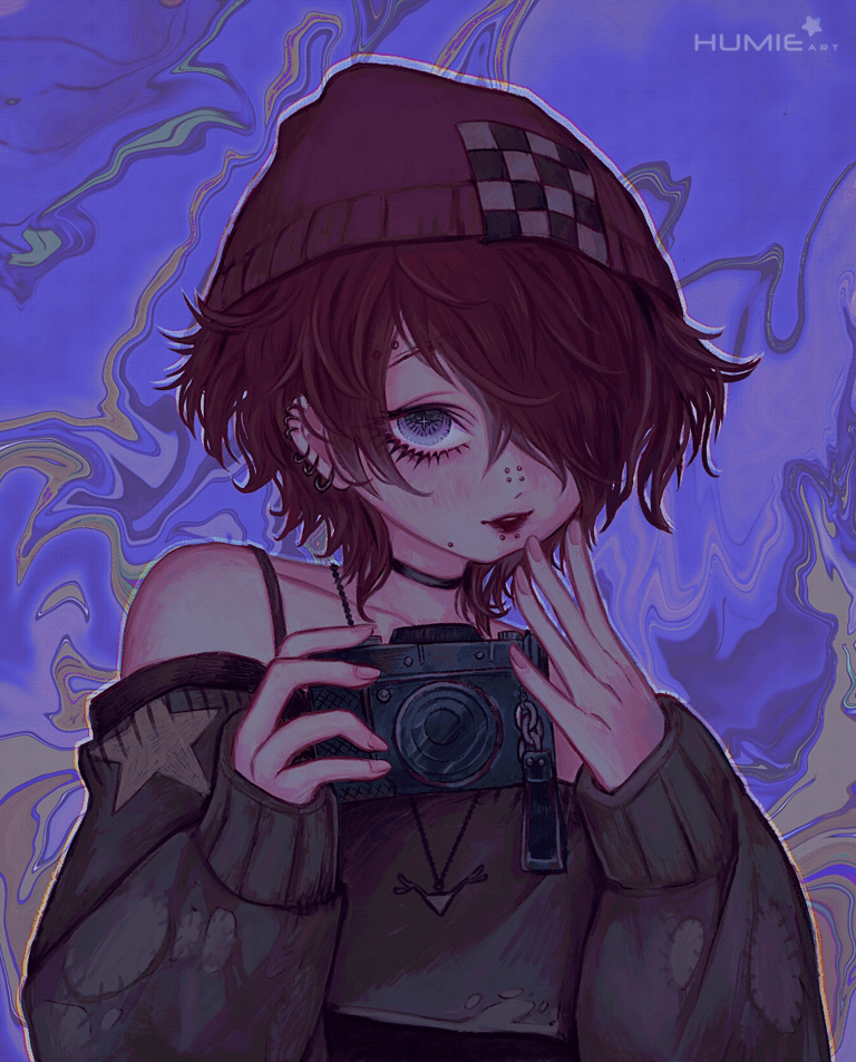Smug girl wearing beanie and many piercing, holds a camera and smiles softy. Weird liquid purple bg.