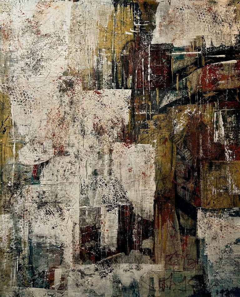 Mixed media collage Neo-expressionism art. Neo-expressionist Laurence Moracchini. Texture and nature Ditchling Sussex artist