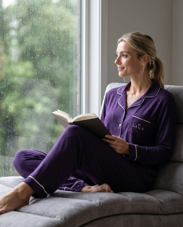 A woman relaxes in purple long-sleeve pajamas while reading a book by a rainy window.