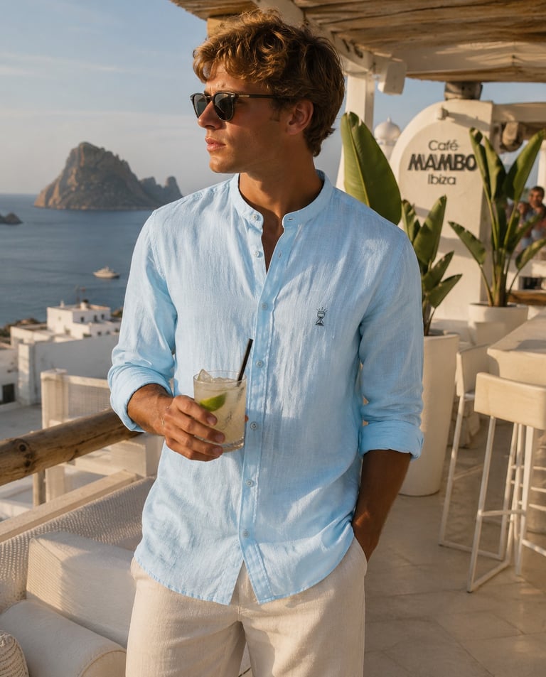 Chico con camisa cuello mao de lino urbana streetwear Santa Paciencia 