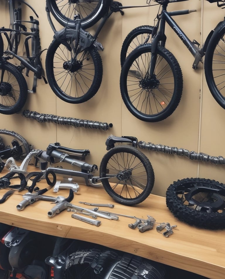 A selection of bike lights, locks, and pumps displayed on a wooden table