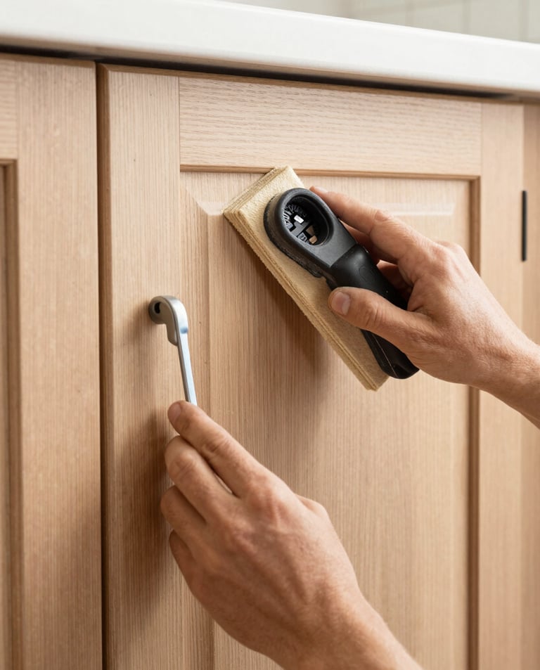 A craftsman carefully sanding a wooden countertop in a bright kitchen under renovation. white hands