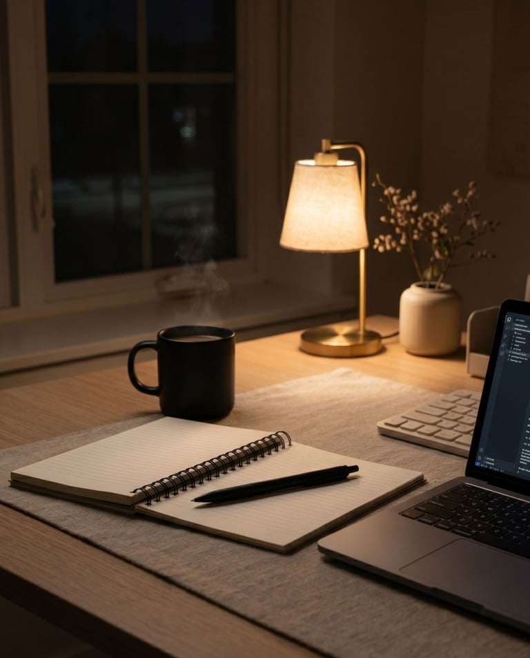 Late night workspace with laptop and notebook representing building income beyond the chair