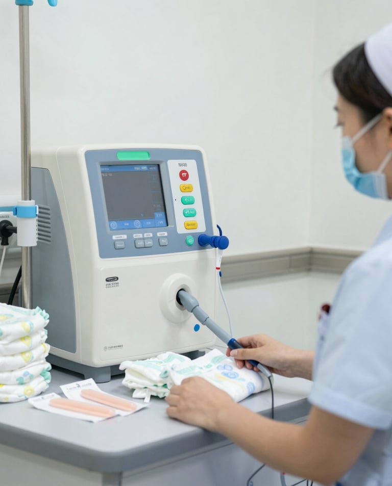 A nurse using home care medical equipment in a cozy residential setting.