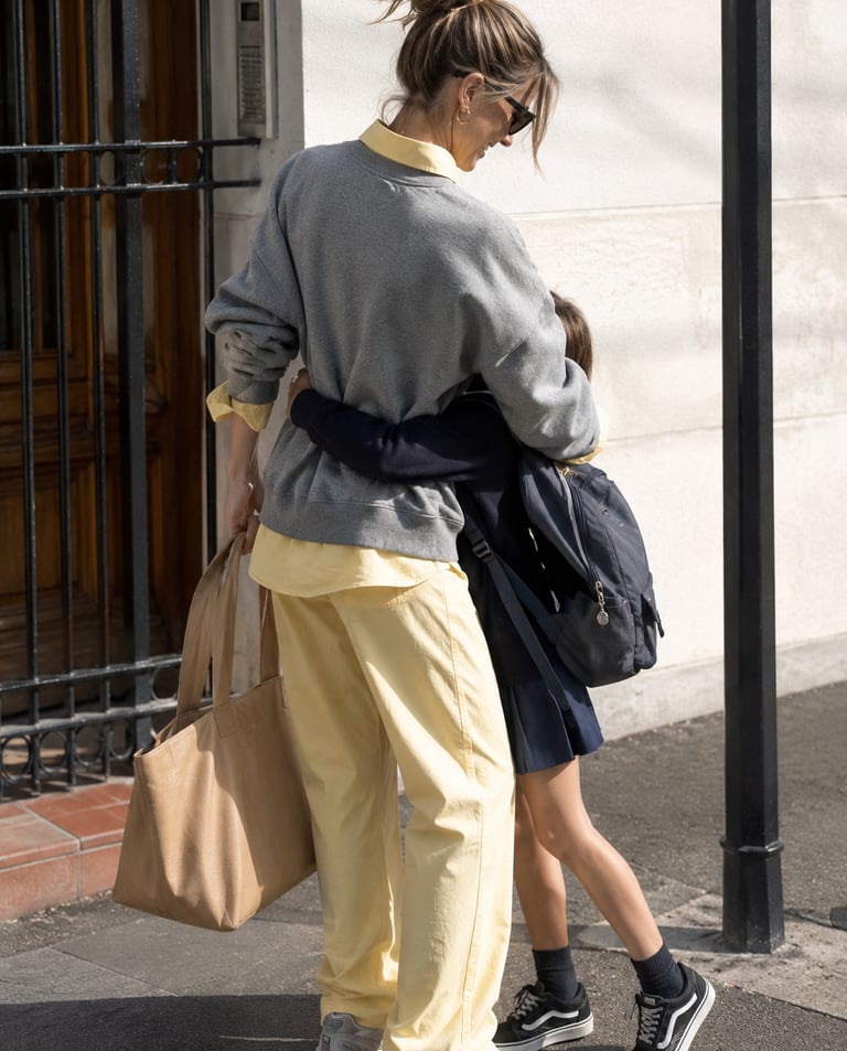 Flat lay BEWOOMAN : layering oversize chic avec sweat gris, chemise pastel et look maman active stylée.