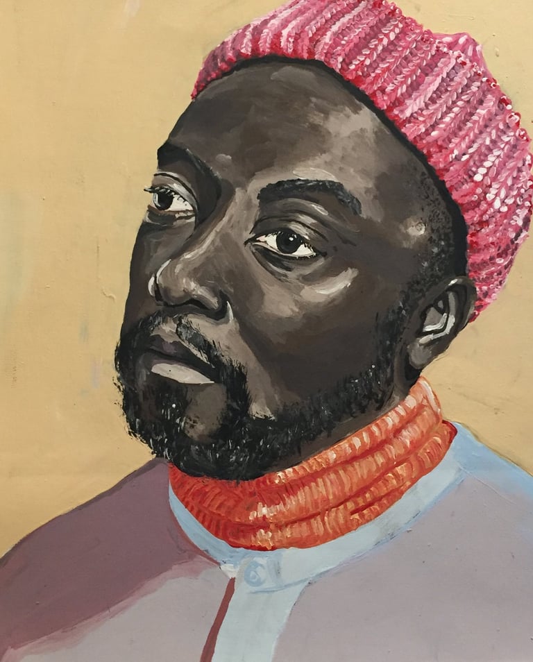portrait of a black man in a knit pink hat