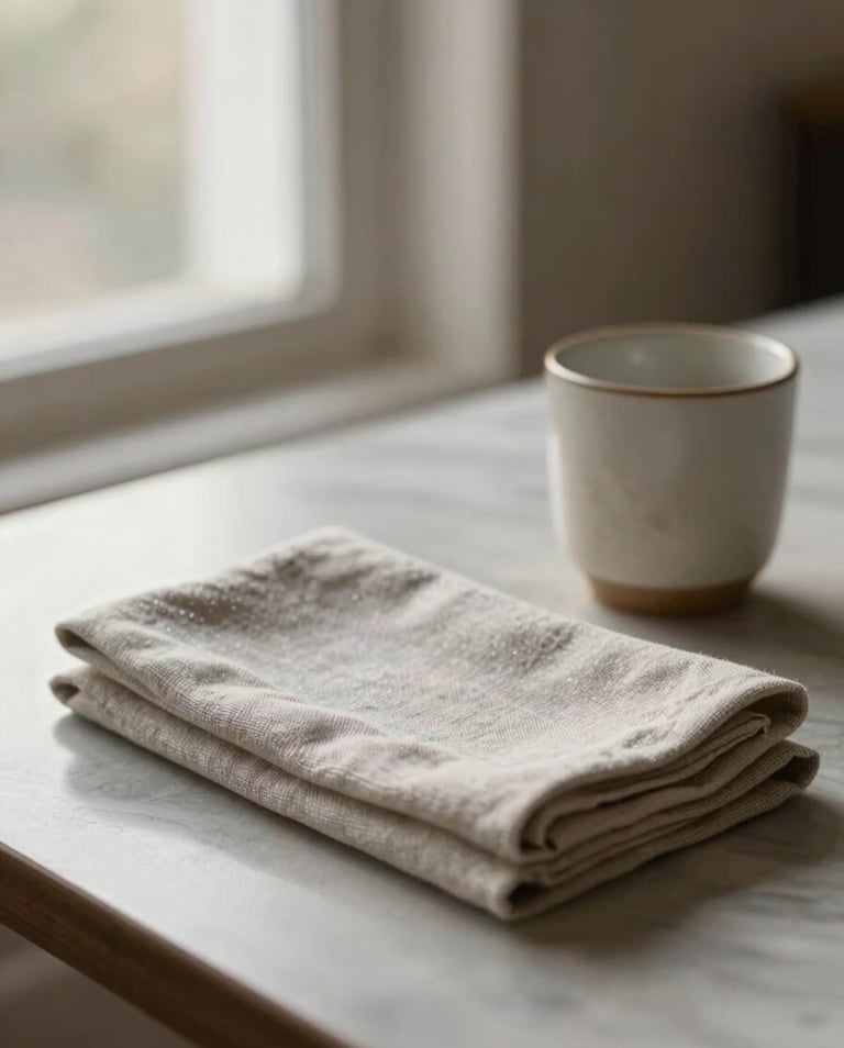 Close framing of a hospitality table setting — folded linen napkin beside a ceramic cup, diffused morning window light from the left, shallow depth, warm grey and bone white tones, no people