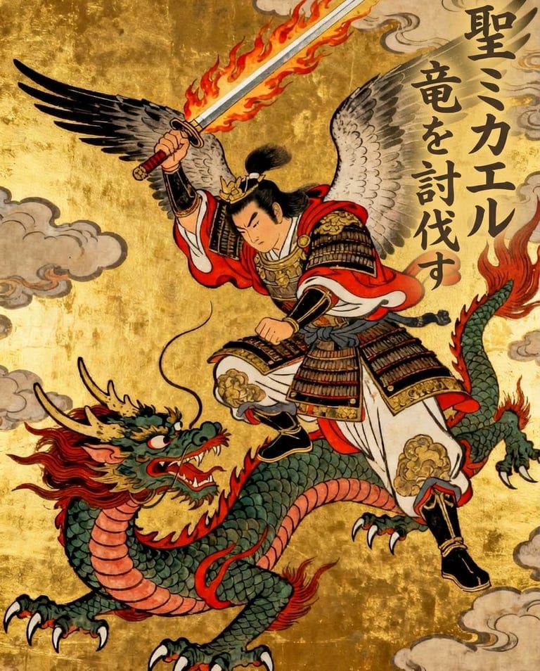 Samurai Angel Michael defeating the Dragon