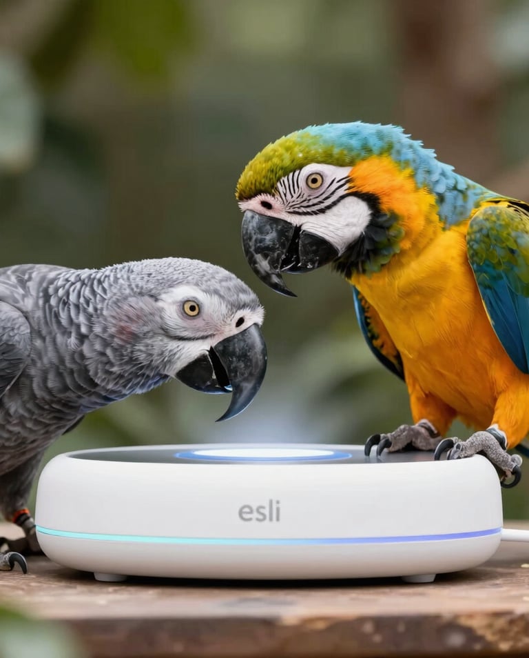 A Blue and Gold Macaw and an African Grey parrot interact with a smart home device on a wooden surface.