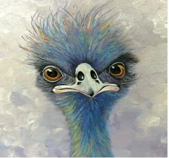 Colorful emu bird painting with expressive eyes, Australian wildlife artwork by Eleanor Crouch