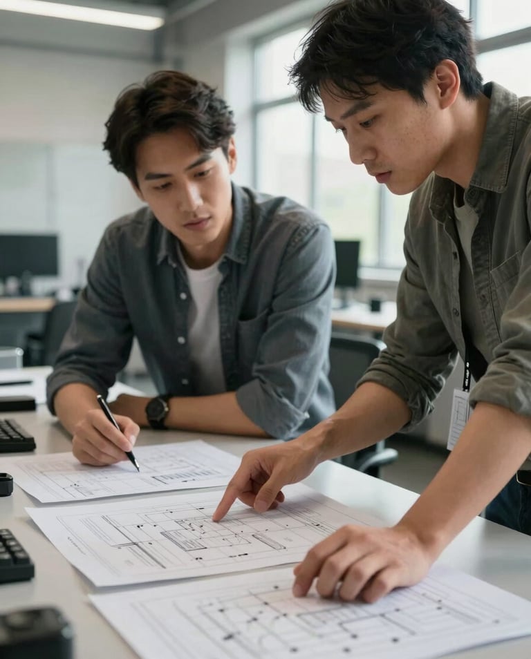Medium close-up of two engineers reviewing technical schematics spread across a wide desk, one pointing at a diagram, industrial office environment with natural light from the right, neutral tones, active collaboration in progress