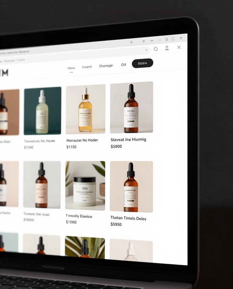 Full-screen desktop browser mockup showing a polished Hungarian e-commerce website, product grid visible, clean navigation bar, shot straight-on under studio lighting with no reflections, canvas-edge framing on the right