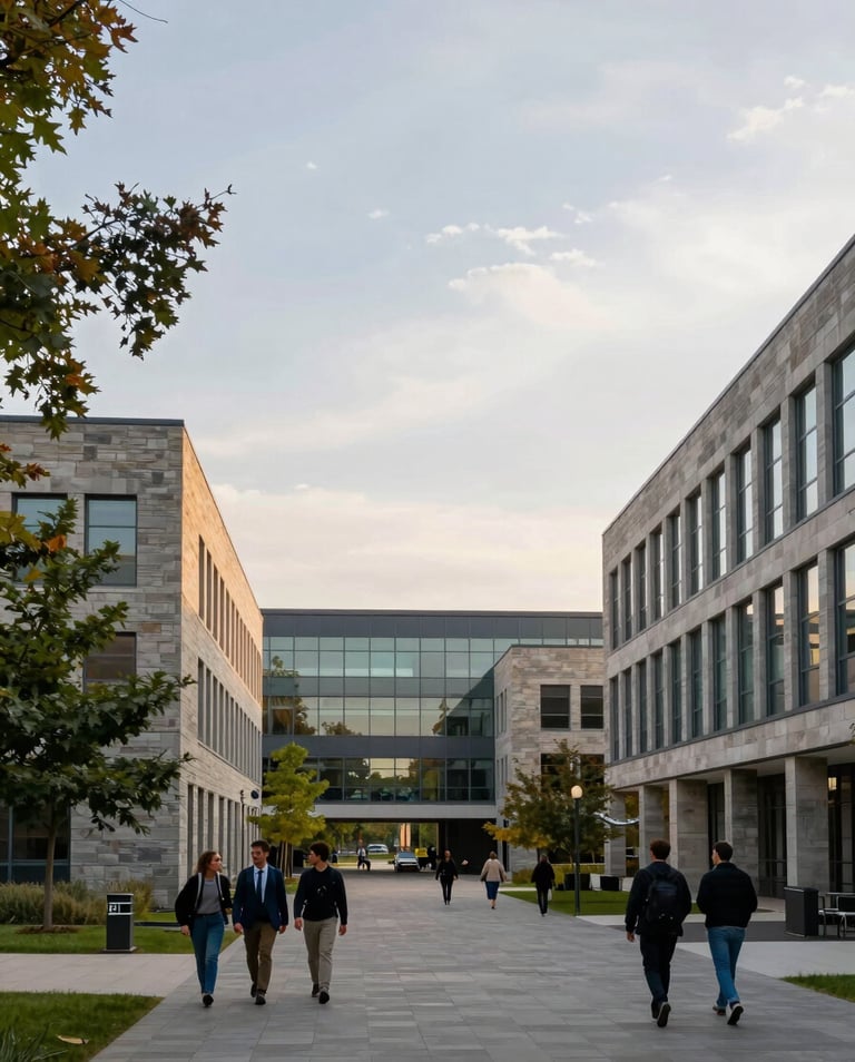 Wide environmental shot of a modern university campus courtyard, academics walking between stone and glass buildings under soft overcast light, trees framing the left edge, generous open sky above, mid-afternoon natural light