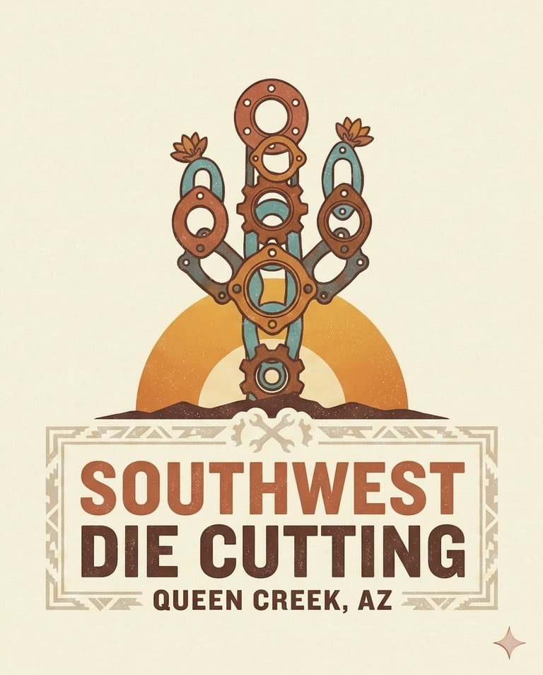 Vintage Southwest Die Cutting logo featuring a metal gear cactus over a desert sun in Queen Creek, AZ.