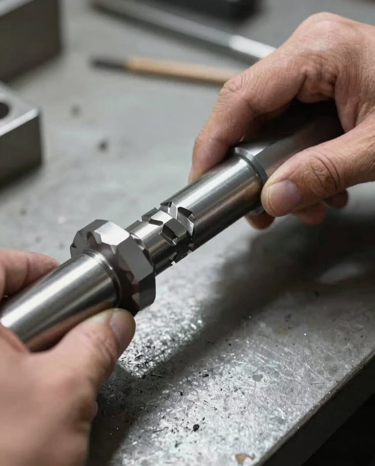 Extreme close-up of a machinist's hands gripping a precision-machined steel shaft on a workbench, bright north-facing studio light casting sharp shadows on the knurled surface, metal chips visible on the concrete desk