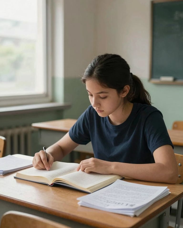 Environmental wide shot of a teenage girl reading intently at a wooden desk in a modest classroom, natural overcast daylight from a side window, books and handwritten notes visible on the desk surface, no eye contact with camera, honest concentration framing