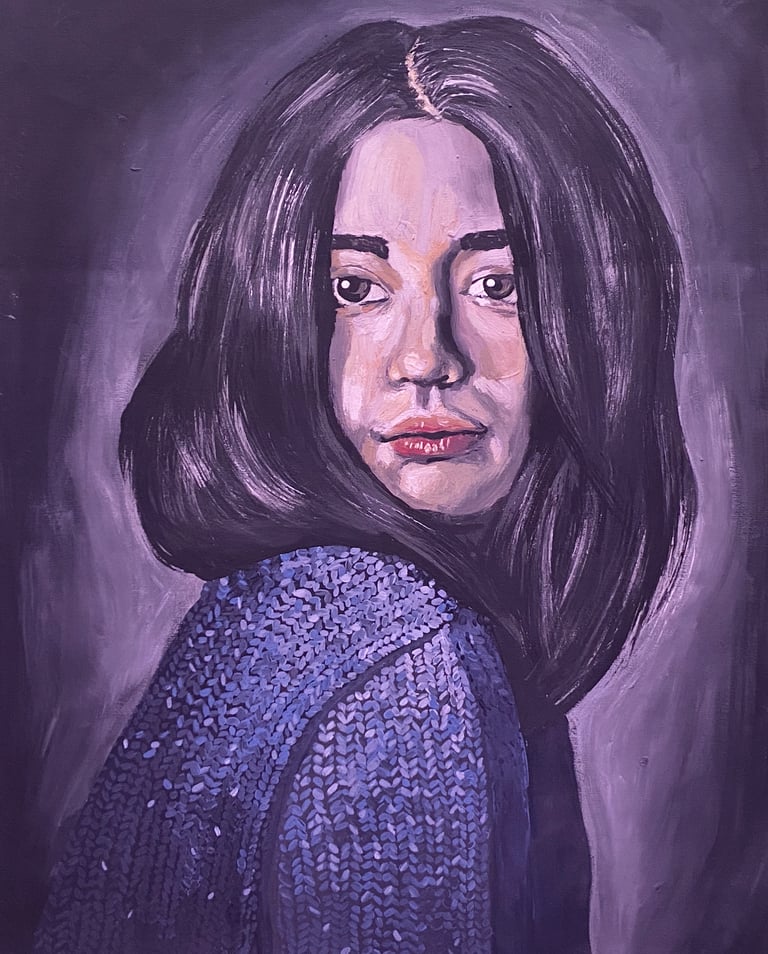 a painting of a woman with a blue sweater