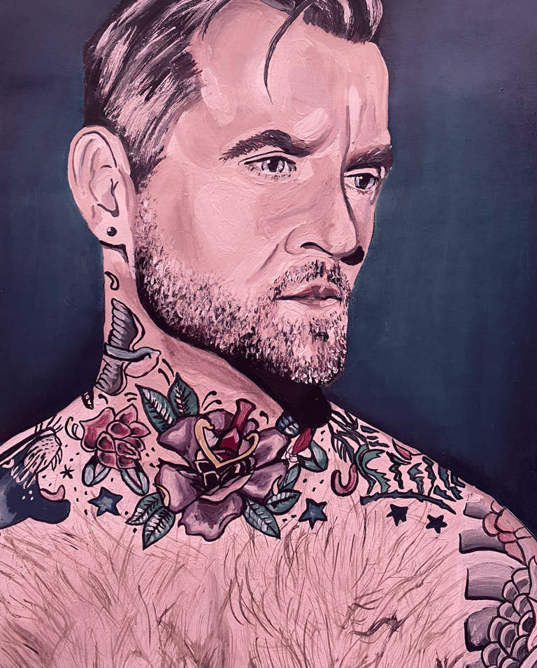 portrait of a white man with a flower tattoo