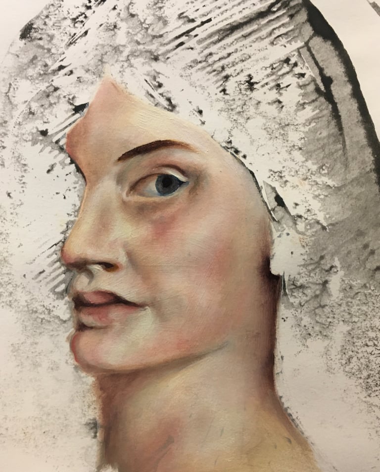 Oil painted partial image of a ladies face looks at viewer. Hair is a partial print in black ink.